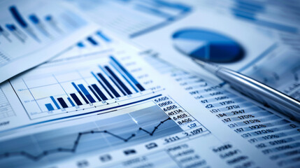 close-up of various financial charts and graphs with a blue theme, highlighting different types of data presentations such as pie charts, bar graphs, and line charts. - obrazy, fototapety, plakaty