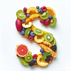 Typography of the letter s crafted from fresh fruit, hyperrealistic, 