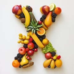 Typography of the letter X crafted from fresh fruit, hyperrealistic, A collage of various fresh fruits and berries arranged in the shape of the letter X. 