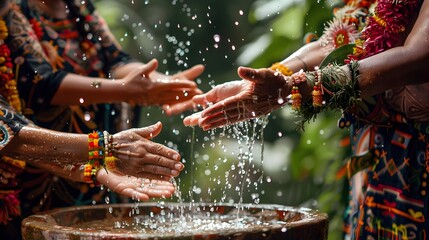 Indian Culture Women in Traditional Attire Washing Hands from Water Drum