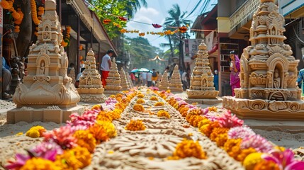 Sand Sculptures on a City Street Decorated with Flowers