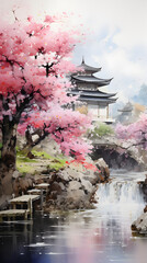 A garden surrounded by blooming cherry blossoms, soft sunlight, soft shadows, painting, watercolor on paper, delicate petals and a peaceful atmosphere in the garden Generative AI