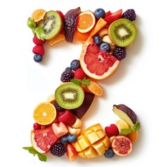 Typography of the letter z crafted from fresh fruit, hyperrealistic, A collage of various fresh fruits and berries arranged in the shape of the letter Z. 