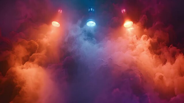 Vibrant spotlights behind smoke, ideal for disco or concert scenes.
