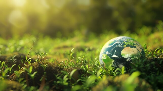 Earth planet on green grass with a bokeh background. 3d rendering
