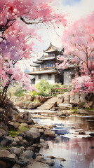 Obraz premium A garden surrounded by blooming cherry blossoms, soft sunlight, soft shadows, painting, watercolor on paper, delicate petals and a peaceful atmosphere in the garden Generative AI