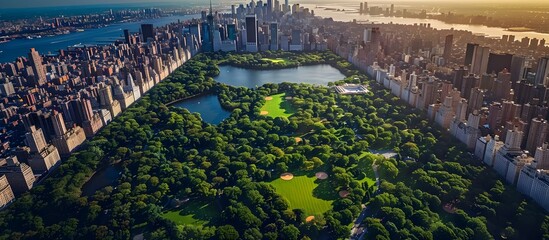 Aerial View of Central Park in New York City at Sunset - obrazy, fototapety, plakaty