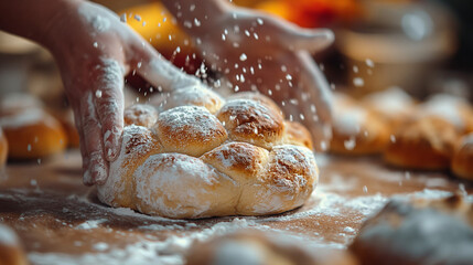 Der Zauber des Backens: Ein Bäcker klatscht Mehl von seinen Handflächen, umgeben von frisch gebackenen Brötchen und einem warmen Schein in der Backstube
