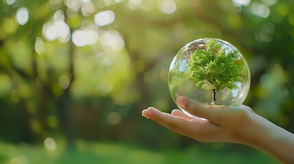A woman's hand holding a glass globe with a tree inside. Eco concept.