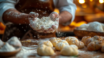 Der Zauber des Backens: Ein Bäcker klatscht Mehl von seinen Handflächen, umgeben von frisch gebackenen Brötchen und einem warmen Schein in der Backstube
