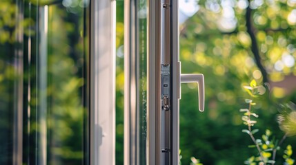 an aluminum window detail, showcasing the metal door frame in an open position