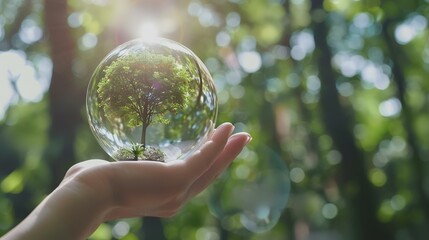 A human hand holding a crystal ball with a tree in the forest.