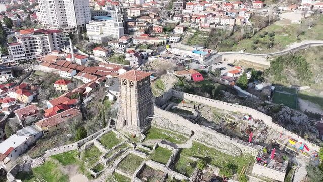 Areal view of Kruje city  and castle in Albania in afternoon sky