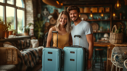 Glückliches Reisepaar mit gepackten Koffern bereit für den Urlaub - obrazy, fototapety, plakaty