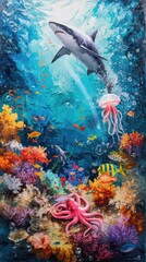 Fototapeta na wymiar A tense encounter in a coral reef: a predator shark circles its prey, a watchful octopus. A colorful coral reef becomes the stage for a tense underwater encounter between a shark and Watercolor style
