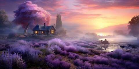 Sunrise brings a mystical mist over the tranquil lavender fields with a cottage highlighted against the glowing sky - obrazy, fototapety, plakaty