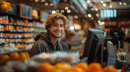Freundlicher junger Auszubildender Verkäufer im Supermarkt