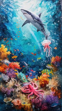 A tense encounter in a coral reef: a predator shark circles its prey, a watchful octopus. A colorful coral reef becomes the stage for a tense underwater encounter between a shark and Watercolor style © Jiwa_Visual