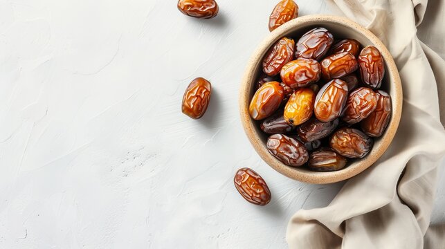 A rustic bowl filled with plump dates rests on a white concrete surface