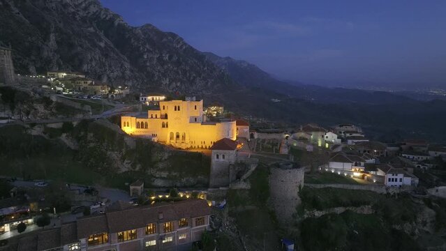 Areal view of Kruje city and castle in Albania in night sky