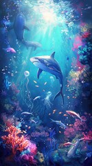 Obraz premium A mesmerizing underwater scene: a colorful octopus and a jellyfish drift near a coral reef. Watercolor style