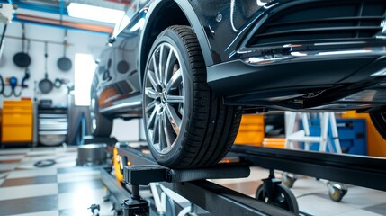 Fototapeta premium A professional garage performs precise wheel alignment on a vehicle