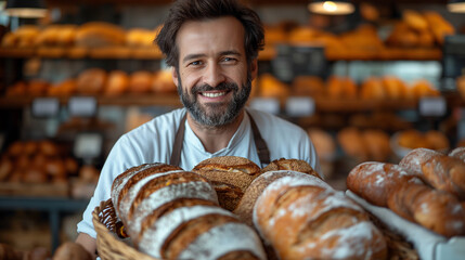 Stolzer Bäcker präsentiert handgebackenes Brot: Ein lächelnder Bäcker in traditioneller Schürze hält eine Korb mit rustikalem, knusprigem Brot in einer urigen Bäckerei