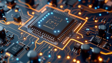 Fototapeta na wymiar A motherboard showcases a central CPU chip