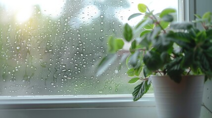 Close-up of condensation on PVC window, white plastic window, houseplant on the background, selective focus. Indoor plants and humidity concept. --ar 16:9 Job ID: 6f65ced1-4dba-40d5-b540-a84b2f1c3b01