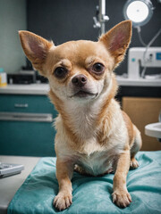 Portrait of a Chihuahua, a beautiful pet on the background of a Veterinary clinic