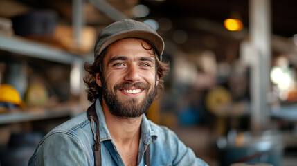 Porträt eines lächelnden jungen Tischlers vor seiner Werkstatt