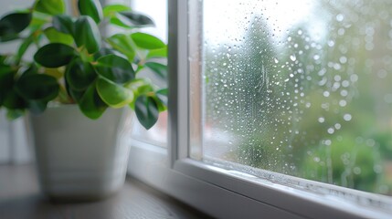 Detailed view of moisture droplets on a white PVC window - obrazy, fototapety, plakaty