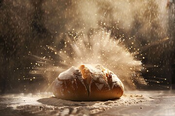 a loaf of bread with flour in the air - obrazy, fototapety, plakaty