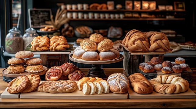 Eine verlockende Auswahl an frisch gebackenem Brot und Br&ouml;tchen auf einem rustikalen Holztisch