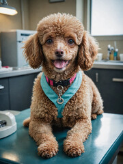 Portrait of a Miniature Poodle, a beautiful pet on the background of a Veterinary clinic