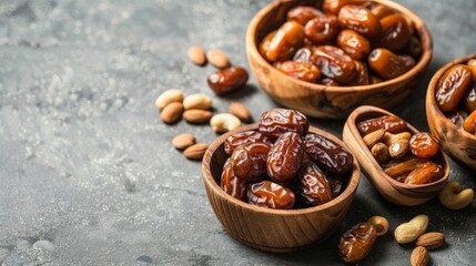 A wooden plate brimming with various types of dates
