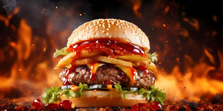 Grilled burger banner showcasing irresistible spiciness forged by culinary innovation. Concept Food Photography, Culinary Creativity, Grilled Burgers, Spicy Delights, Banner Design