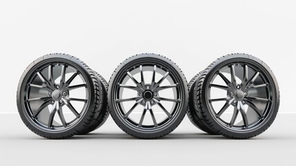 A 3D rendering of five car wheels aligned on a pristine white background