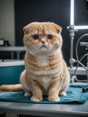 Portrait of a Scottish Fold cat, a beautiful pet on the background of a Veterinary clinic