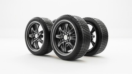 A 3D rendering of five car wheels aligned on a pristine white background