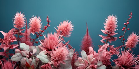 Artistic display of pink plants with spiky features accented against a teal background