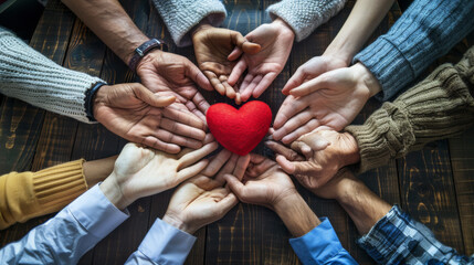 Diverse group of people's hands coming together to support a plush red heart