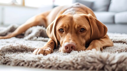 Relaxed Brown Dog Lying on a Fluffy Rug at Home