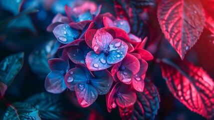 Hydrangea Flowers with Dew Drops in Neon Pink and Blue Hues