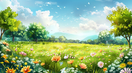 A vibrant field filled with blossoming flowers during the spring season