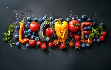 Vegetables and berries in the shape of the word LOVE. Cucumbers, tomatoes, peppers, herbs, blueberries and raspberries confess their love to you. Reciprocate with healthy food, beauty and vitamins - obrazy, fototapety, plakaty
