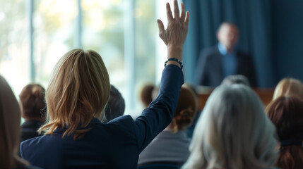 active participation at a conference or seminar, where attendees are raising their hands, likely to ask questions or vote on a discussion point. - obrazy, fototapety, plakaty