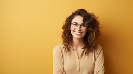 Cheerful Caucasian woman with curly brown hair, smiling against beige background. - Powered by Adobe