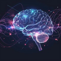  human brain with digital connection lines on blue background