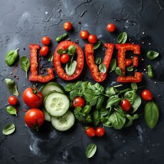 Vegetables in the shape of the word LOVE. Cucumbers, tomatoes, peppers, herbs, confess your love. Reciprocate with healthy food, beauty and vitamins. Signs of love.